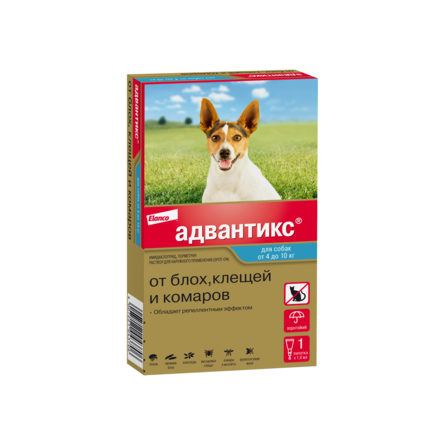 Адвантикс® для собак от 4 до 10 кг для защиты от блох, иксодовых клещей и летающих насекомых и переносимых ими заболеваний. 1 пипетка в упаковке. – интернет-магазин Ле’Муррр